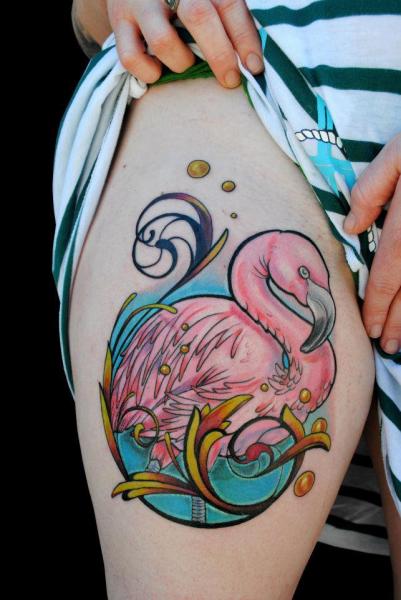 Traditional style beach and flamingo tattoo done on the