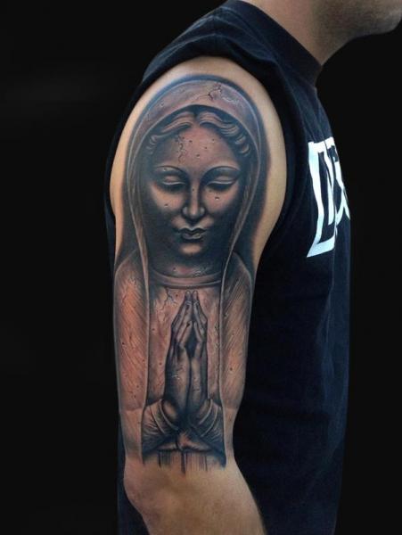 Grey shaded praying hands blessed tattoo on arm