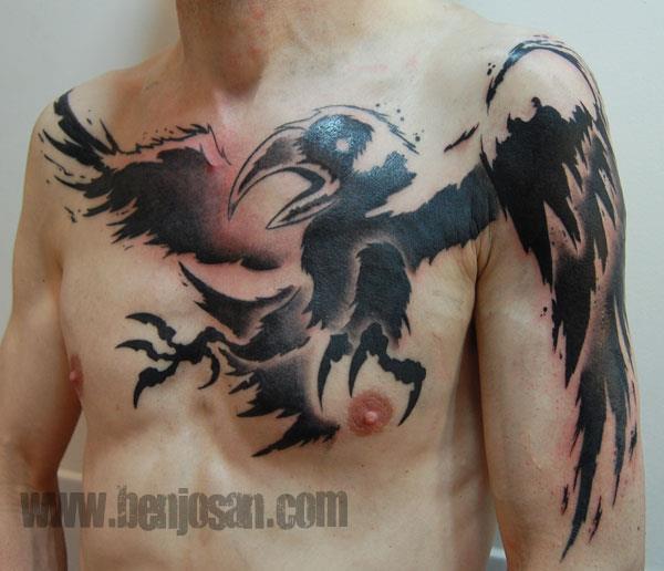 Amazing Flying Crow Tattoos On Man Chest