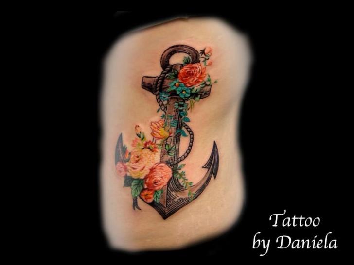 Floral Anchor Tattoo On Left Forearm