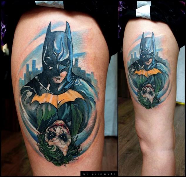 Fantasy Batman Joker Thigh Tattoo by Grimmy 3D Tattoo