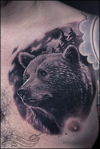 Tattoo uploaded by joncamposart  Grizzly bear chest piece black and grey  tattoo by Jon campos art Dallas Tx  Tattoodo