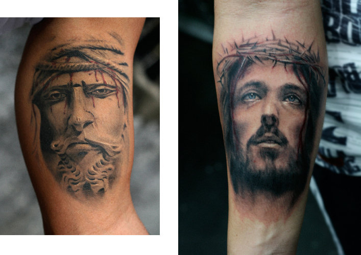 Left Forearm Grey Ink Jesus Tattoo For Men