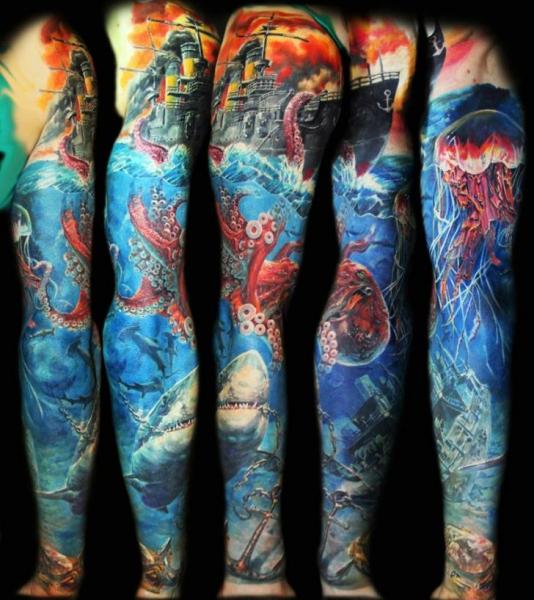 Colorful vivid photorealistic  ocean themed full sleeve tattoo  Tattoo  contest  99designs