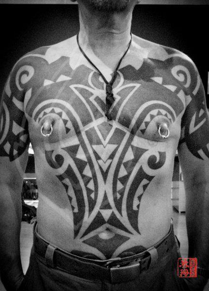 Shoulder Chest Tribal Belly Maori Tattoo by Ink Tank