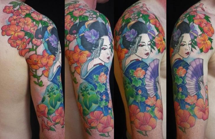Shoulder Flower Japanese Geisha Tattoo by Chunkymaymay Tattoo
