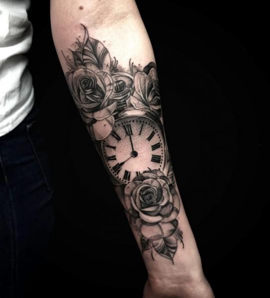 Flower and Clock Temporary Sleeve Tattoos  neartattoos