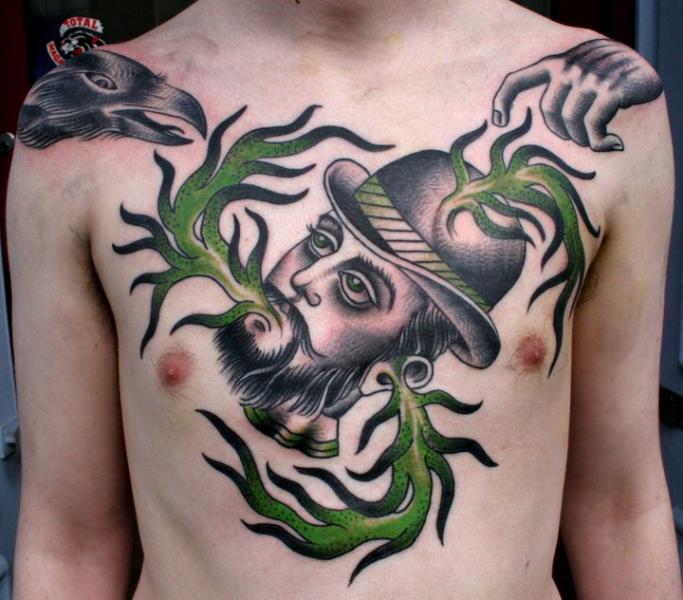 Black Ink Crow With Skull Tattoo On Man Left Chest