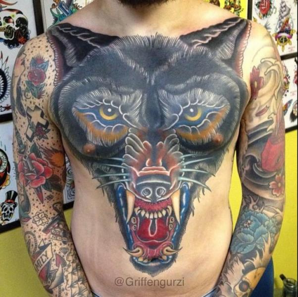 3d Angry Wolf Tattoo On Chest