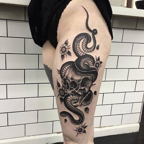 New School Snake Leg Tattoo by Marc Nava
