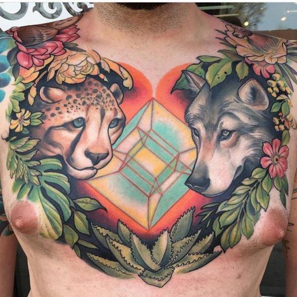 Tribal And Wolf Head Tattoo On Chest For Men